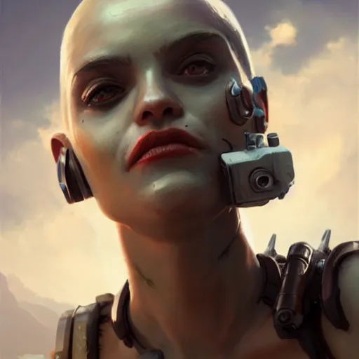 Image similar to tank girl, highly detailed, half android, power implants, body transmogrify, beautiful, mesmerising, look of desire, loving stare, digital painting, trending on artstation, concept art, 4 k, sharp focus, illustration, art by greg rutkowski