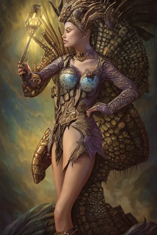 Prompt: A fantasy comic book style portrait painting of Ella Fanning as an Atlantean Reptilian Warrior, Mystical Valkyrie, unreal 5, DAZ, hyperrealistic, octane render, Regal, Refined, Detailed Digital Art, RPG portrait, Michael Cheval, Walt Disney (1937), François Boucher, Oil Painting, Steampunk, dynamic lighting, Highly Detailed, Cinematic Lighting, Unreal Engine, 8k, HD