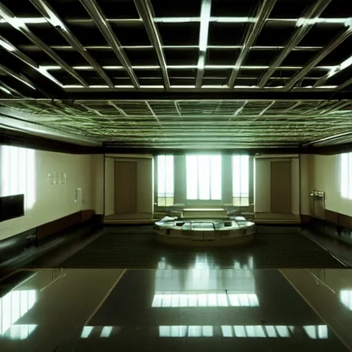 Prompt: a large futuristic dojo, shot by roger deakins, night time, dim cinematic lighting, low ceiling, david fincher movie