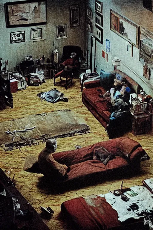 Prompt: realistic detailed image of an overhead view of an old couple sitting on a couch in old living room style of Francis Bacon and Greg Rutkowski, overhead view interior room, messy living room. Still from 1982 movie The Thing. Beksiński Masterpiece