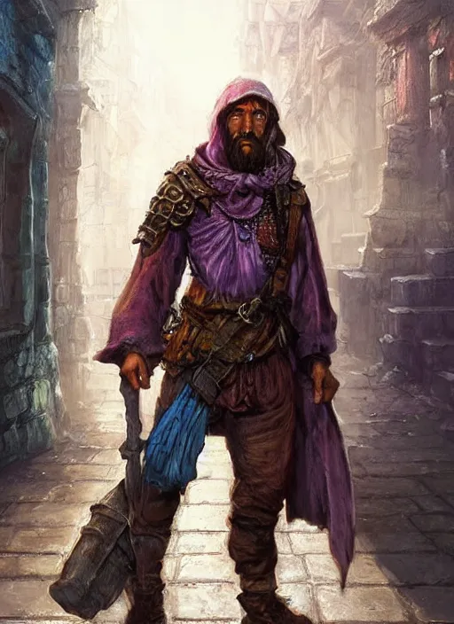 Image similar to immigrant poor beggar on the streets, ultra detailed fantasy, dndbeyond, bright, colourful, realistic, dnd character portrait, full body, pathfinder, pinterest, art by ralph horsley, dnd, rpg, lotr game design fanart by concept art, behance hd, artstation, deviantart, hdr render in unreal engine 5