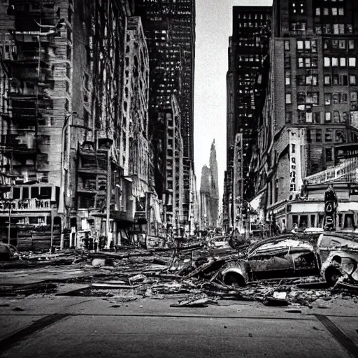 Prompt: photo of abandoned destroyed New York city street at night after the war between humans and AIs, film grain, soft vignette, Canon EOS Digital Rebel XTi, 100-300mm Canon f/5.6, Exposure time: 1/160, ISO 400