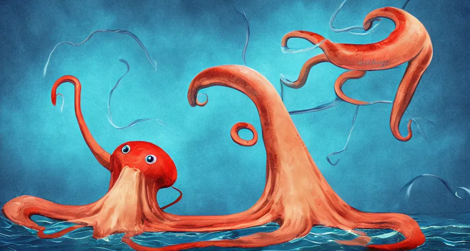 Image similar to Giant Squid wearing a top hat, swimming through the ocean, digital painting, Photoshop