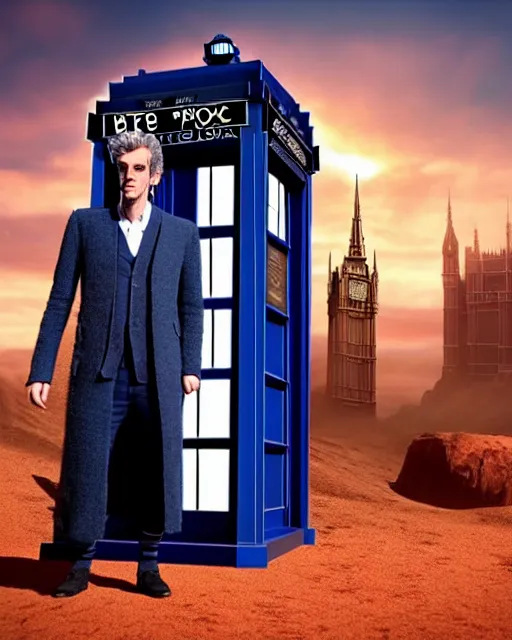 Prompt: weta disney pixar movie still fullbody photo of peter capaldi wtith his tardis : : as the twelfth doctor who by pixar : : by weta, wlop, anime, disney, pixar, octane render, iridescent