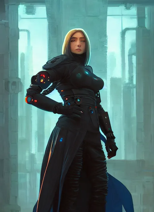 Prompt: strong female cyberpunk hacker in leather armor and cloak, path traced, highly detailed, high quality, digital painting, concept art, t - pose, by studio ghibli and alphonse mucha, leesha hannigan, makoto shinkai, disney