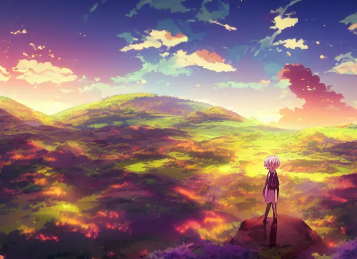 Image similar to illustration of green hills with clouds in the background, golden hour sunset, purple beautiful sky, cute anime girl with platinum blonde hair and big eyes, close to foreground, anime key visual, official media, illustrated by wlop, extremely detailed, 8 k, trending on pixiv, cinematic lighting, beautiful