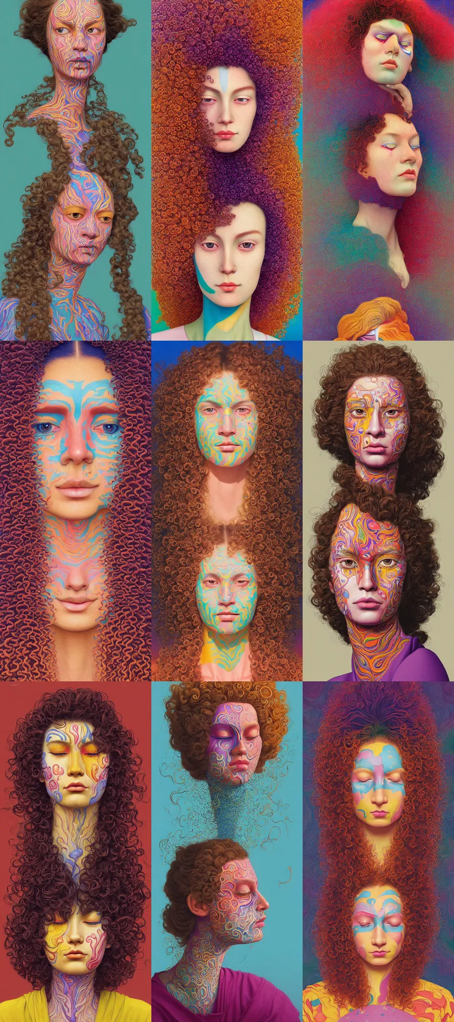 Prompt: a colorful vibrant closeup portrait of a simple caucasian woman with face paint makeup festival intricate and curly mid length brown hair with a calm aesthetic face and dreaming psychedelic hair, by kawase hasui, moebius, edward hopper and james gilleard, zdzislaw beksinski, steven outram colorful flat surreal design, hd, 8 k, artstation