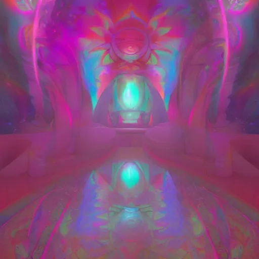 Image similar to long Shot of psychedelic misty chromatic astral temple , stylish, lsd, soft, trending on artstation, cinematic, artwork by WLOP