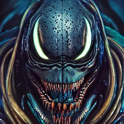 Image similar to portrait of venom, intricate artwork, concept art, octane render, deviantart, cinematic, key art, hyperrealism, iridescent accents, portrait photograph, nikon 3 5 mm, photograph by greg rutkowski