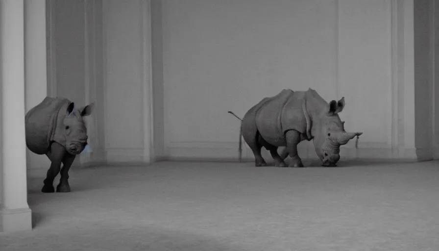 Prompt: a rhinoceros in a neoclassical room, by mini dv camera, very low quality, heavy grain, blurry, caught on trail cam