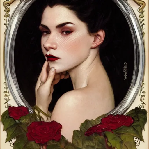Prompt: portrait of a very beautiful vampire, top half of body, pensive expression, by Stanley Artgerm Lau, greg rutkowski, thomas kindkade, alphonse mucha, loish, norman rockwell, J. C. Leyendecker. dark black hair, pale skin, detailed eyes, red lips. small frame. Trending on artstation rule of thirds extremely detailed illustration hd 4k