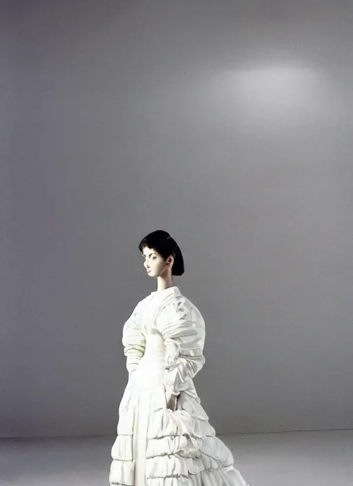 Image similar to an early 0 0's digital portrait of a beautiful girl detailed features wearing a wedding dress with a puffy skirt utility - chic trend. lots of zippers, pockets, synthetic materials, jumpsuits. by balenciaga and issey miyake by ichiro tanida and mitsuo katsui