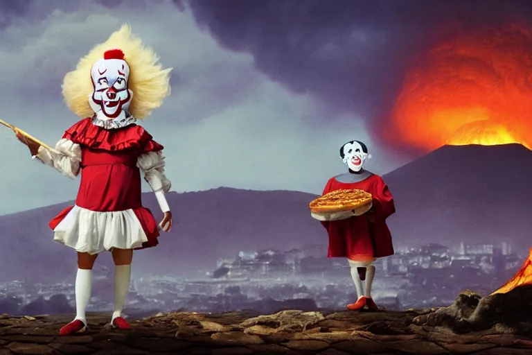 Prompt: pennywise as pulcinella!!! holding a pizza! with vesuvius in the background, glowing pools of lava, cloudy sky, an ultrafine detailed painting by joe fenton, full body, wide angle, post - apocalyptic feel, big depth of field, 3 d octane render, 4 k, perfect symmetrical face, masterpiece, hyperrealistic, trending on deviantart