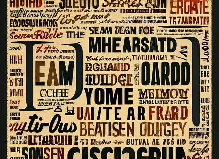 Image similar to high resolution typographic poster with handmade details with varied letters bold, ligt, serif and sans serif collage type with earth colors. humorous style.