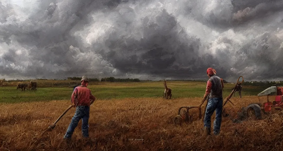 Image similar to man working in a farm, storm, high quality high detail painting, hd, artstation,