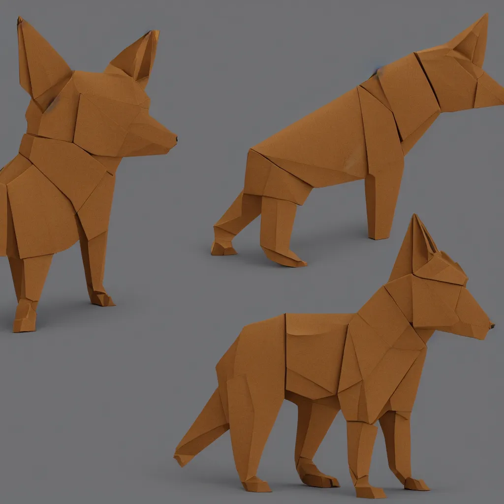 Image similar to 3 d rendering of japanese cardboard origami of simple shape of german shepherd, 2 d image, trending on artstation