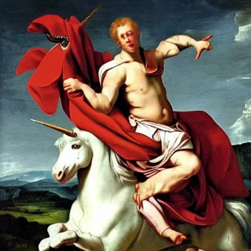 Prompt: a baroque painting of jake paul riding a unicorn, ultra detailed, intricate, dramatic, award winning art by caravaggio,