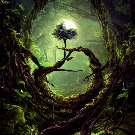 Prompt: ravenous, ominous portal to hades embedded in a creepy tree in a densely overgrown, magical jungle, fantasy, dreamlike sunraise, ultra realistic, atmospheric, stopped in time, epic