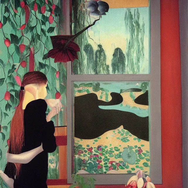 Image similar to female emo art student in her apartment, painting of flood waters inside an artist's feminine bedroom, a river flooding indoors, pomegranates, pigs, ikebana, water, octopus, river, rapids, waterfall, black swans, canoe, berries, acrylic on canvas, surrealist, by magritte and monet