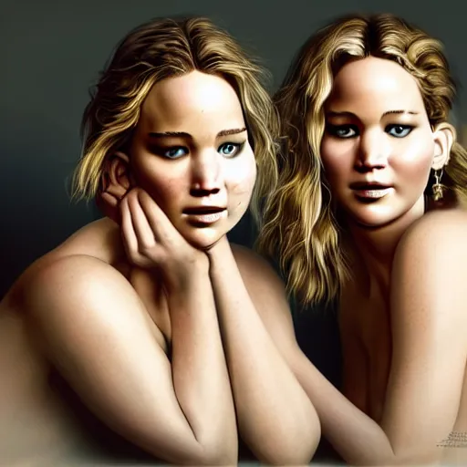 Prompt: beautiful serene intricate portrait of jennifer lawrence and jennifer lawrence, smiling softly, wearing casual clothes, chatting and laughing on the couch, interior lighting, peaceful living room interior, soft focus, 8 k, art by irakli nadar, hyperrealism, hyperdetailed, ultra realistic