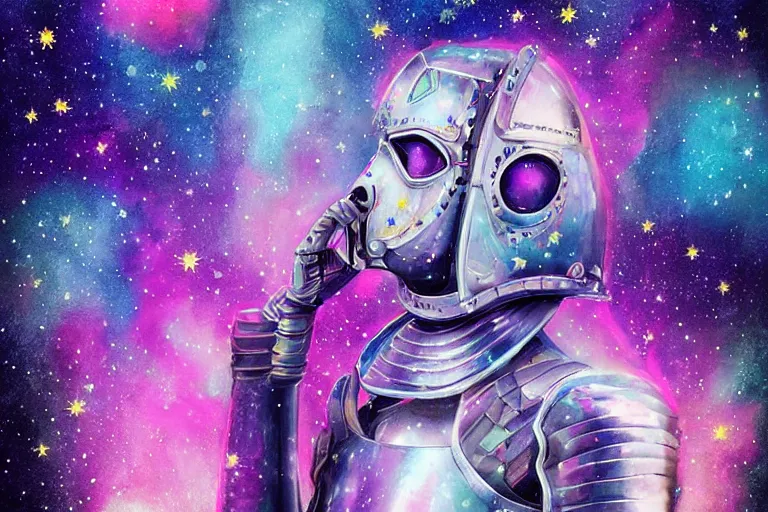 Prompt: digital art of a beautiful princess wearing suit of armor looking up at the stars, acrylic art, universe, painting, pastel colors, synthwave, retro, cyberpunk,