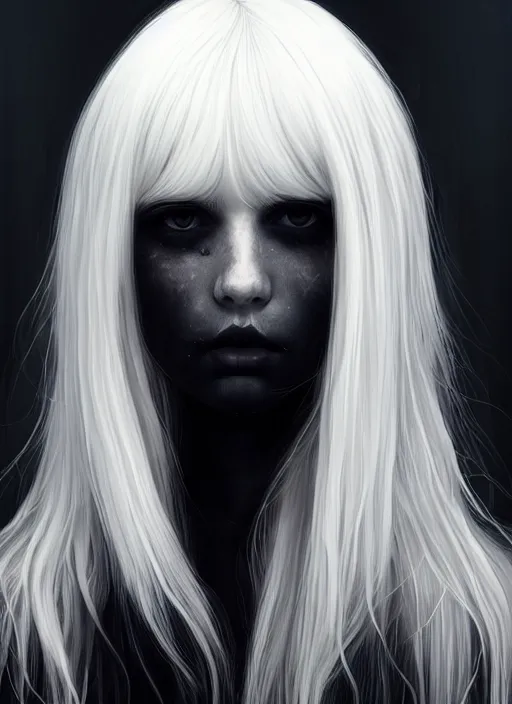 Prompt: portrait of white teenage girl, normal face, white bangs, mall goth, cyberlox, black and white hair, bangs, fluffy bangs, intricate, elegant, highly detailed, digital painting, artstation, concept art, sharp focus, smooth, illustration, art by wlop, mars ravelo and greg rutkowski