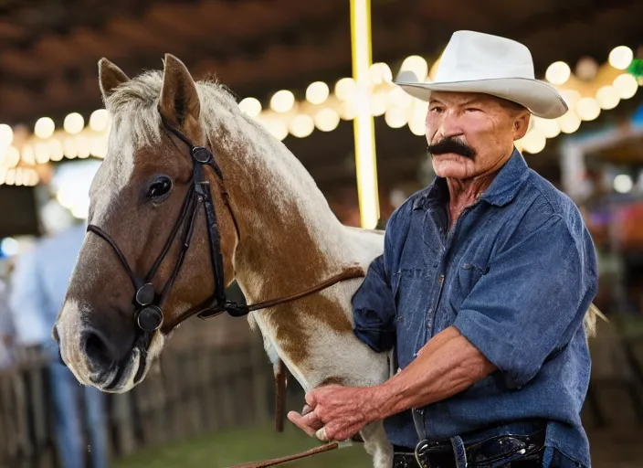 Image similar to photo still of charles bronson at the county fair!!!!!!!! at age 5 6 years old 5 6 years of age!!!!!!!! riding a small pony, 8 k, 8 5 mm f 1. 8, studio lighting, rim light, right side key light