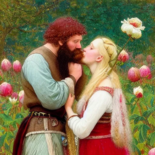 Image similar to a white skinned red bearded viking and a beautiful brown skinned indian princess kiss in a field of peonies, masterpiece, highly detailed, oil on canvas, art by rebecca guay