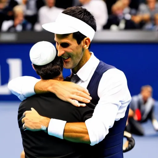 Image similar to a dapper victorian novak djokovic hugging a linesman