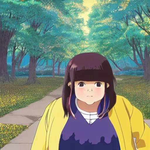 Image similar to anime visual of chubby hispanic woman wearing a yellow coat with long dark brown hair with bangs walking in the scenic park in fall, detailed, studio ghibli, exquisite lighting, clear focus, very coherent, art by hayao miyazaki,