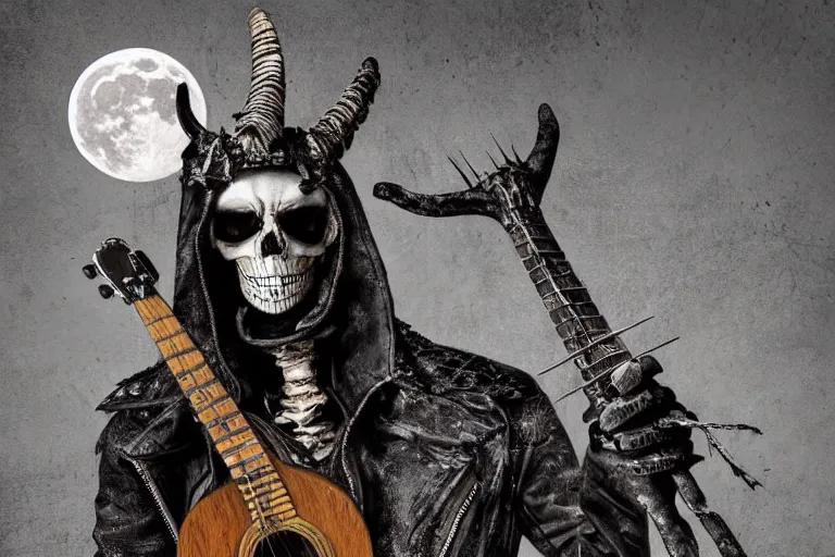 Prompt: mikhail the pot gorsheniov as a skeleton with fingers of a goat in leather jacket plays guitar in the cemetery, mohawk on the head, dark night, full moon, crows on the oak tree, highly detailed digital art, photorealistic