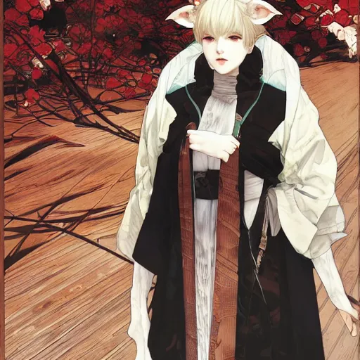 Image similar to detailed portrait girl of kimono techwear occultist with white fox ears, concept art, intricate complexity, by shigenori soejima, krenz cushart, alphonse mucha, takato yamamoto, rule of thirds, 4 k, beautiful, cinematic dramatic atmosphere