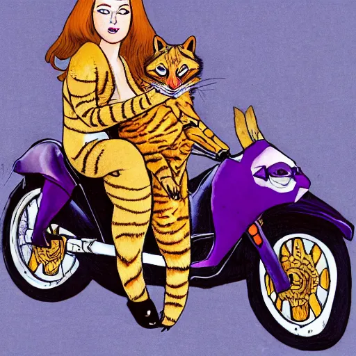 Image similar to a color ink drawing by escher of a slender beautiful woman with straight ginger hair and bangs, wearing purple leathers and gold helmet, posing with large ginger tabby and raccoon on a motorcycle in front yard, holding toasted brioche bun, dramatic lighting