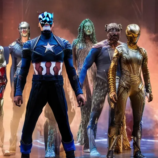 Image similar to costumes by Julie Taymor for Avengers: Infinity War the musical on broadway, production photos