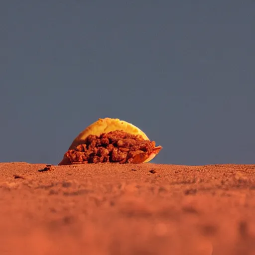 Image similar to a lonely taco on mars, photograph, red lighting, taco,