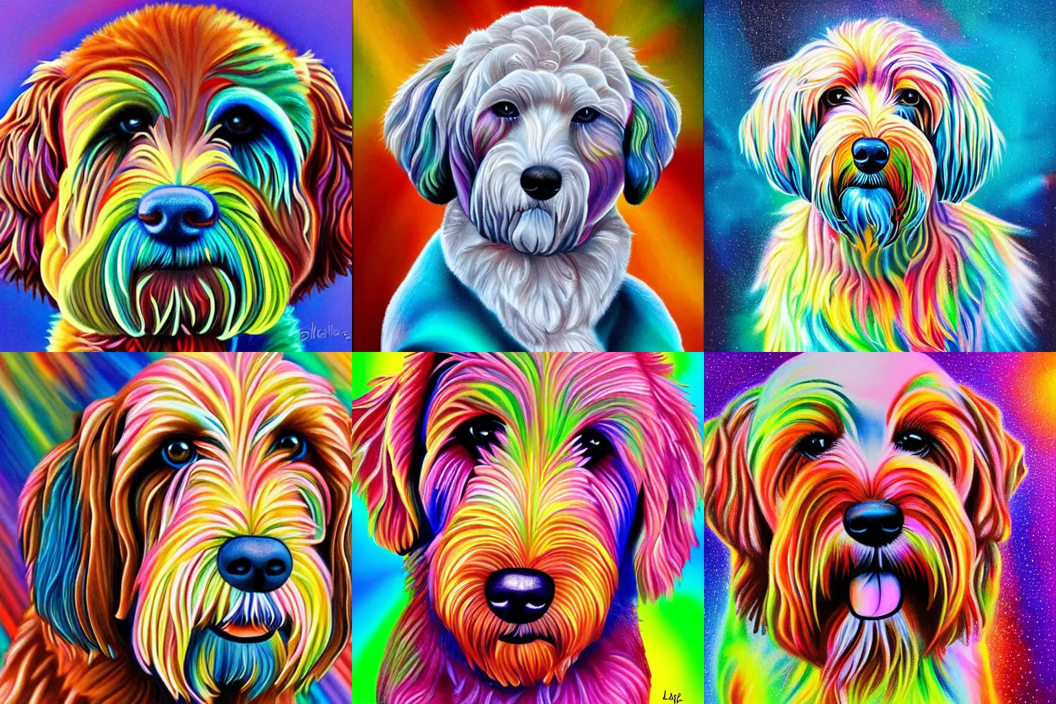 Prompt: luminescent colorful detailed airbrush painting of labradoodle dog