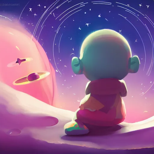 Image similar to lonley and gloomy baby in middle of space surrounded by colorful stars planets and galaxies, grainy design, high quality, 4 k, high details, smooth fucos, award winning, artstation