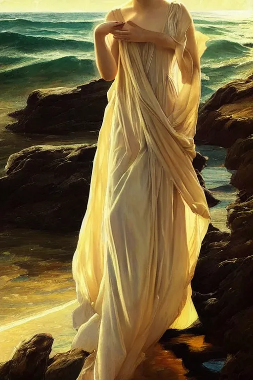 Image similar to a beautiful emma watson wearing a dress emerging from the water, oil on canvas, sensuality, artstation, by j. c. leyendecker and edmund blair leighton and charlie bowater, instagram photo