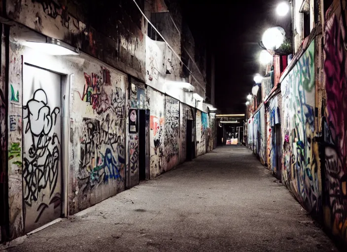 Prompt: Seedy back alleyway at night with a single neon light and walls covered in graffiti, Polaroid photograph