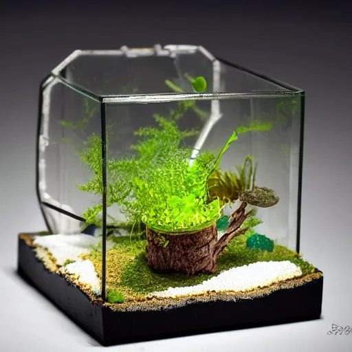 Image similar to a terrarium with nuclear reaction having meltdown diorama inside on top of a minimalist table, lit from the side