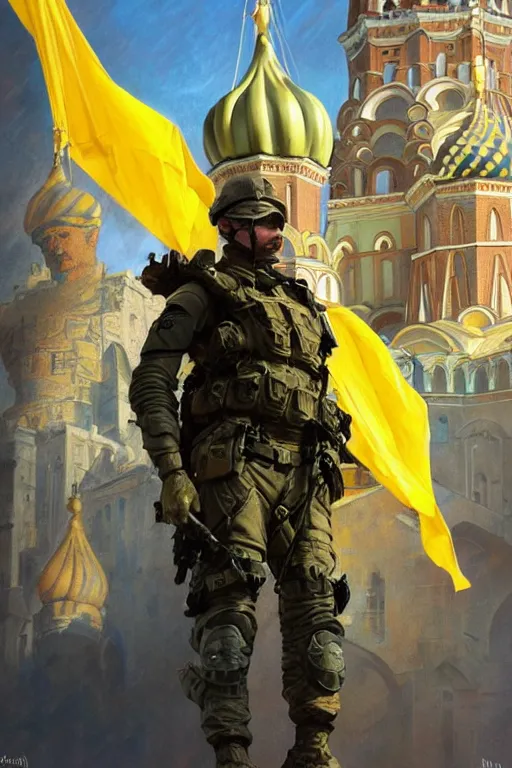 Prompt: special forces soldier raising ukrainian blue and yellow flag on st. basil cathedral, masculine figure, d & d, fantasy, bright atmosphere, volumetric lights, intricate, elegant, extremely detailed, digital painting, artstation, concept art, matte, smooth, sharp focus, hyper realistic, illustration, art by artgerm and greg rutkowski and alphonse mucha