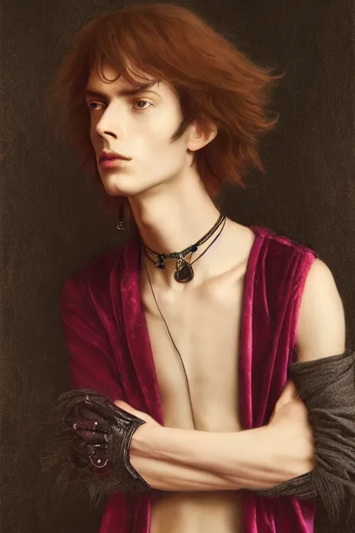 Image similar to a beautiful androgynous man, long hair, tall and thin, soft features, sly, dressed in velvet, rock star, wearing several pendants and a choker, illustration, dramatic lighting, soft details, painting oil on canvas, art nouveau, octane render, hdr, 4 k, 8 k, hd, by edmund blair leighton, brom, charlie bowater, faces by otto schmidt