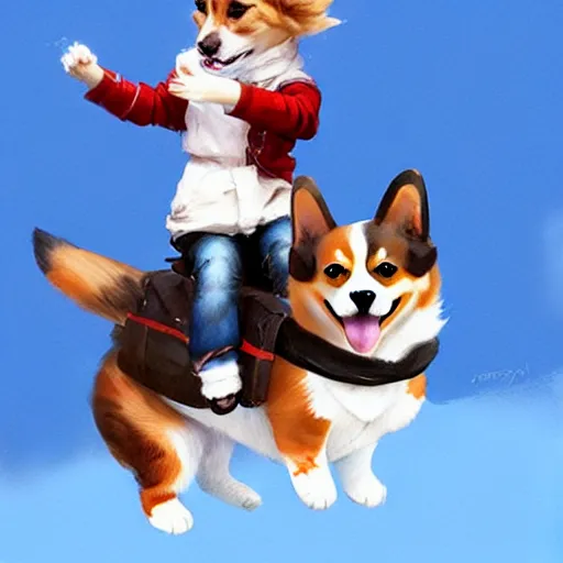 Image similar to tiny cat girl riding on the back of a giant corgi by greg rutkowski