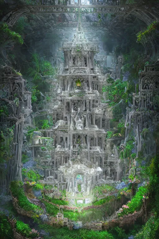 Image similar to ancient fractal temple megastructure in the hanging gardens of a radiant cathedral, overgrown garden, many white flowers, scanned earth terrain bridges, erosion algorithm landscape, by albert bierdstat, by glenn small, high fantasy, high resolution, photorealism, populated by luminous beings, volumes of fog, aerial perspective