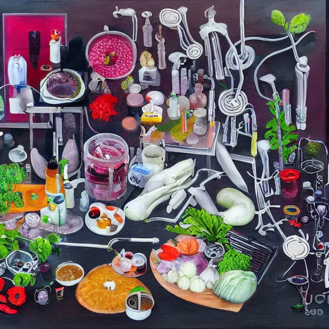 Prompt: fresh asian vegetables, sensual, self - portrait of a female art student, surgical equipment, berry juice drips, pancakes, berries, bones, defibrillator, electrical wires, battery, oxygen tank, scientific glassware, seedlings, bones, art supplies, candles dripping wax, neo - impressionist, surrealism, acrylic and spray paint and oilstick on canvas