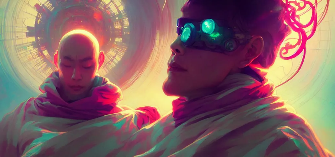 Image similar to a floating monk meditating, channeling swirling energy, wearing cyberpunk clothing, vaporwave aesthetic, colorful, psychedelic, digital painting, artstation, concept art, smooth, sharp focus, illustration, art by artgerm and greg rutkowski and alphonse mucha