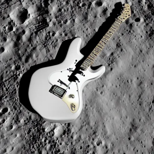 Prompt: a photo of a detailed, realistic, idle, regular sized electric guitar next to a beer can on the moon surface. detailed photo. realistic photo