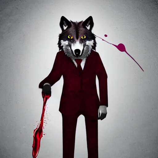 Image similar to an anthropomorphic wolf wearing a suit holding a knife dripping with maroon liquid, digital art, well lit