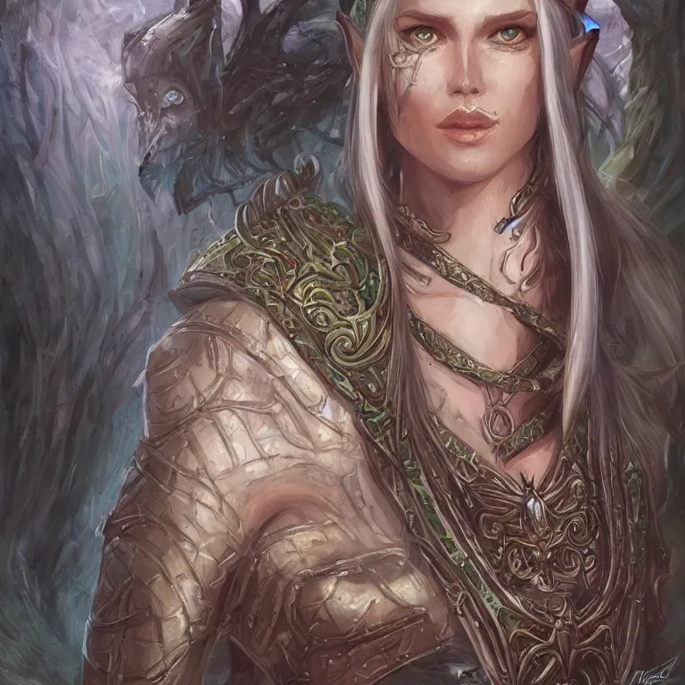 Prompt: portrait of an elf queen, D&D, fantasy, highly detailed, digital painting, artstation, concept art, smooth, sharp focus, illustration, art by Terese Nielsen and Marta Dahlig