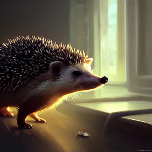 Prompt: photorealistic render of a hedgehog waking up in the morning, by wlop, artgerm, greg rutkowski, alphonse mucha, beautiful dynamic dramatic dark moody lighting, shadows, cinematic atmosphere, artstation, concept design art, octane render, 8 k